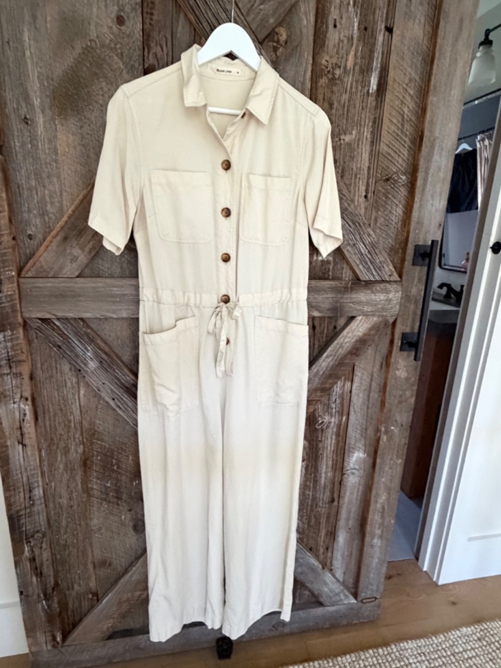 Marine Layer Joni Jumpsuit With Wide Leg Short Sleeves Cream MEDIUM M